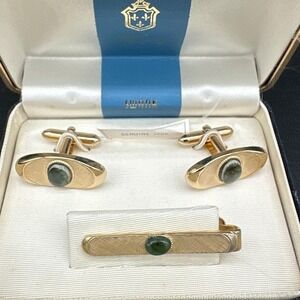 Vintage Swank Beaux Arts Jade Cufflinks & Tie Bar Set Gold‑Tone Genuine Jade